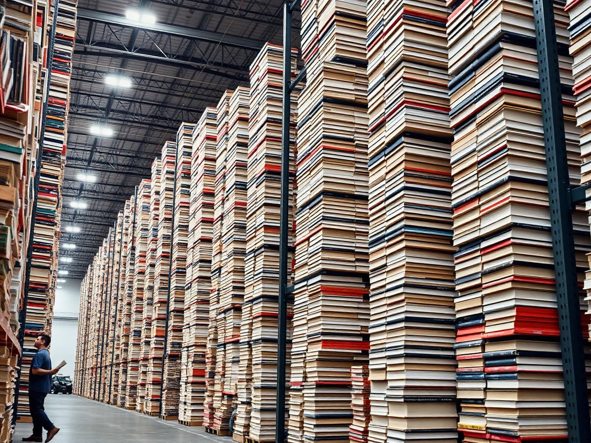 Modern fulfillment warehouse with palletized book inventory